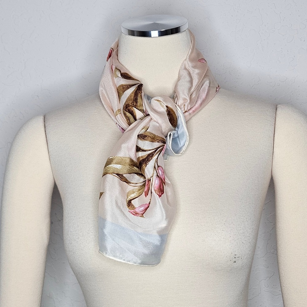 Vintage Floral Silk Scarf Pink Tulips Cream Blue Border Square Hand Rolled Edge